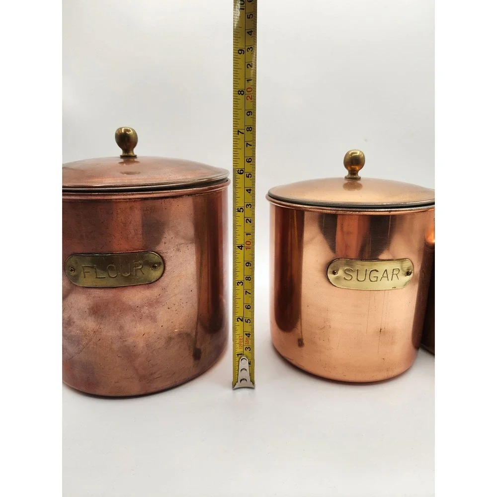 Vintage Copper Kitchen Canister Set Flour Sugar Tea Brass Labels